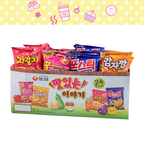농심 맛있는 이야기 스낵박스 24입 꿀꽈배기 감자깡 자갈치 포스틱 과자 간식