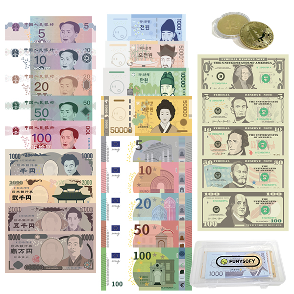 (온라인판매금지) 퍼니소피 소장용 세계 여러 나라 화폐 세트 24종 보관함포함 원 달러 유로 위안 엔 비트코인